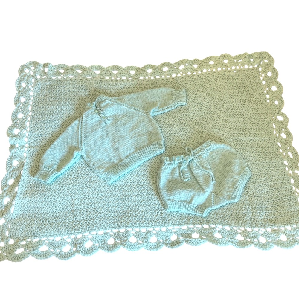 Handmade Mint Green Knit Baby Set Sweater Bloomers Crochet Blanket 48x32" VTG